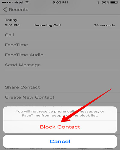 بلاک کردن تماس در iOS, سیستم عامل iOS